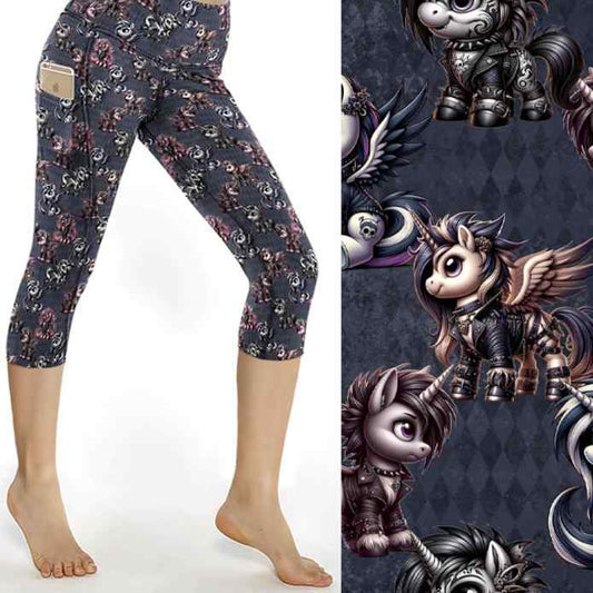 punk unicorns on a navy harlequin background capri leggings