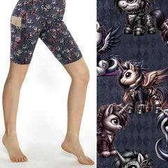 Punked Up Ponies punk unicorn shorts with studded unicorns, piercings, and wings on a dark harlequin backdrop