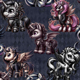 seamless pattern Punked Up Ponies punk unicorn shorts with studded unicorns, piercings, and wings on a dark harlequin backdrop