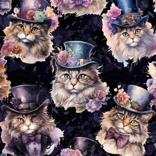 pattern featuring a whimsical Victorian-inspired cat print, with a wide waistband and deep side pockets.