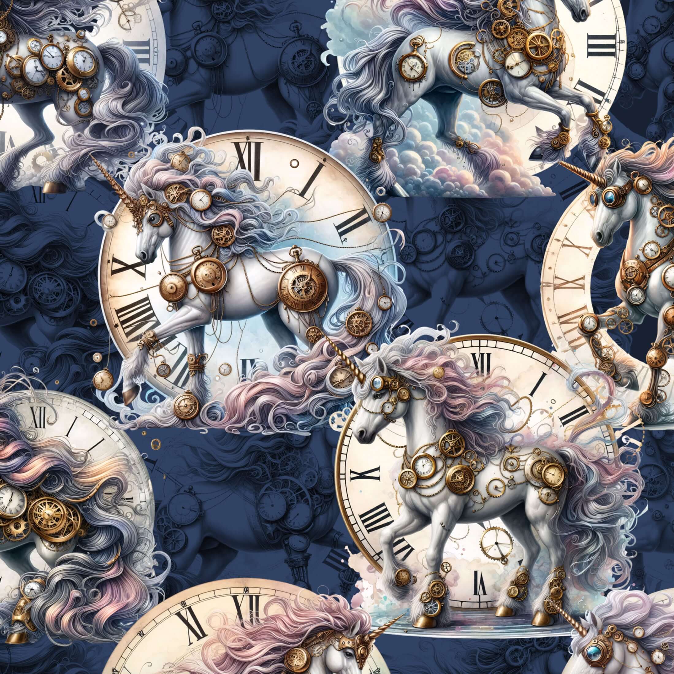 Decorative pattern with unicorns and clocks on a blue background
