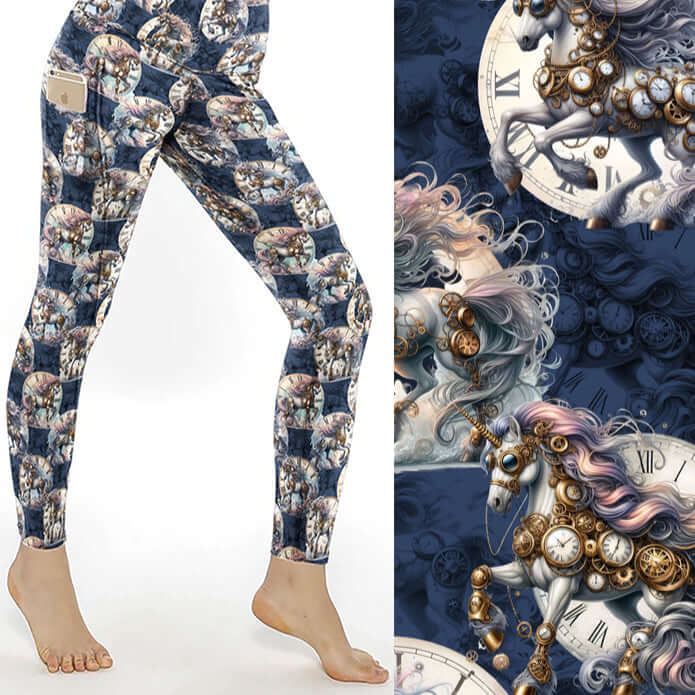 Steampunk unicorn leggings with clocks and fantasy artwork