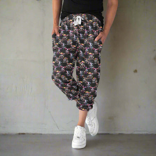 mockup of girl wearing of Rebel Rabbits capri joggers featuring gothic Easter rabbits
