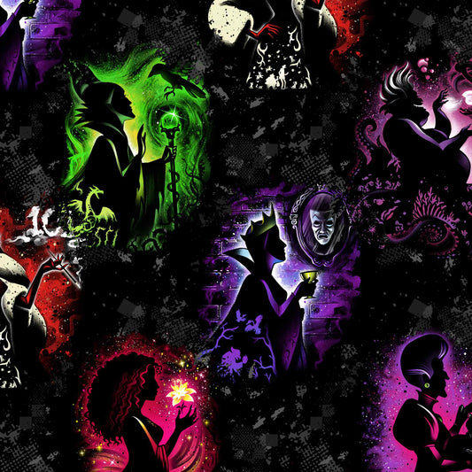 Sinister Shadows pattern. Disney villain side silhouettes of Maleficent, Ursula, The Evil Queen, Cruella, Mother Gothel and Lady Tremaine. On a distressed black background with flashes of purple, red, pink and green