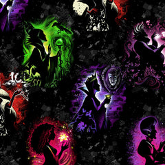 Sinister Shadows pattern. Disney villain side silhouettes of Maleficent, Ursula, The Evil Queen, Cruella, Mother Gothel and Lady Tremaine. On a distressed black background with flashes of purple, red, pink and green