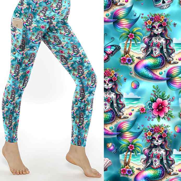 la catrina mermaid on sea background leggings