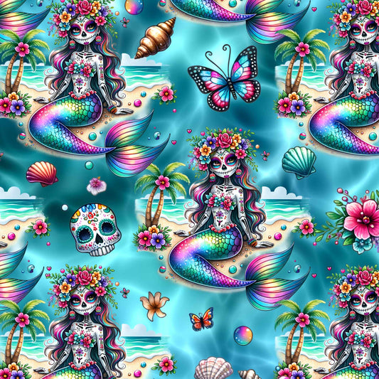 seamless print la catrina day of the dead mermaids on sea background