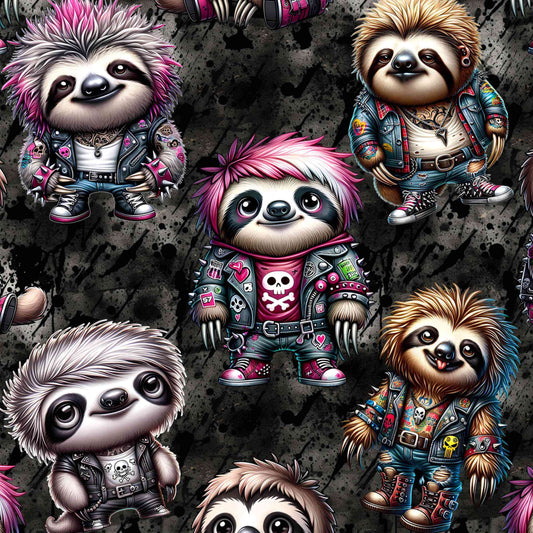 pattern of punk rock sloth leggings featuring cute punk sloths with pink hair, wearing punk skull clothing
