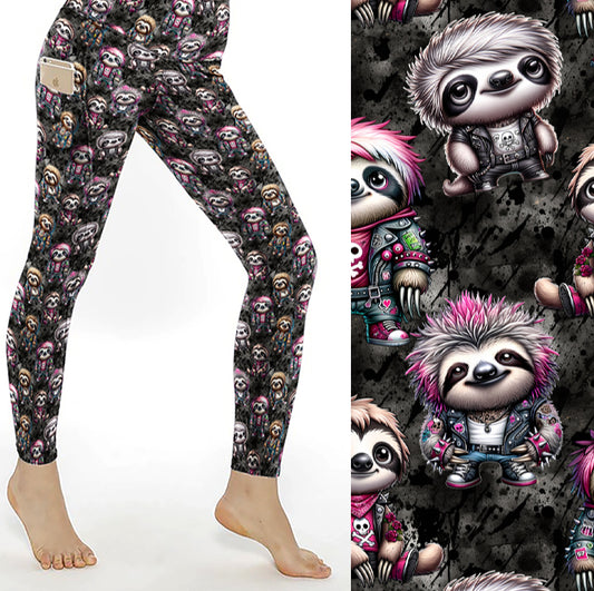 punk rock sloth leggings featuring cute punk sloths with pink hair, wearing punk skull clothing