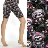 Sloth & Roll shorts mockup featuring cute punk sloths with pink hair & wearing punk skull clothing