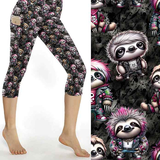 Sloth & Roll Capri leggings. punk rock sloth capri leggings featuring cute punk sloths with pink hair, wearing punk skull clothing