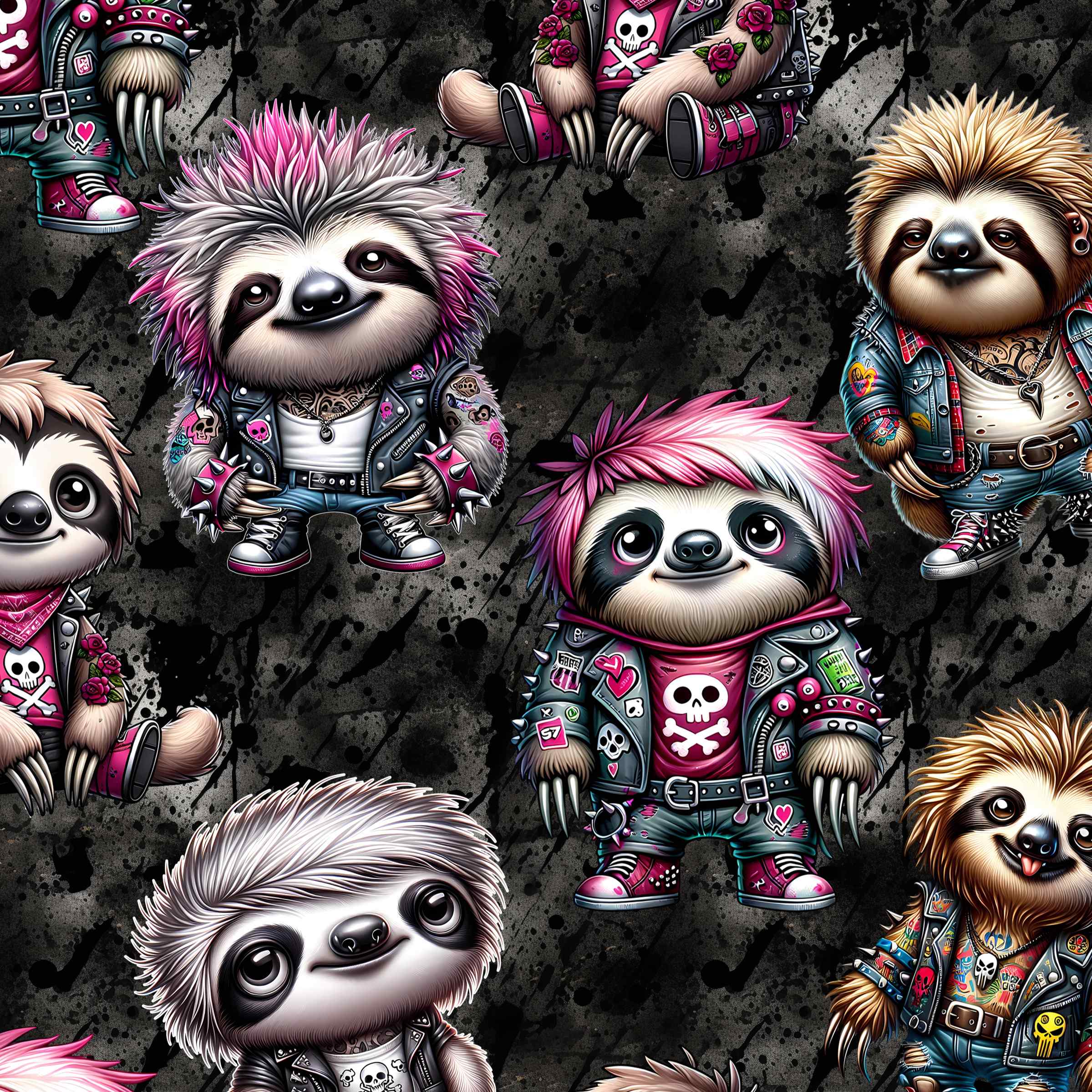 Sloth & Roll pattern with punk rock sloth capri leggings featuring cute punk sloths with pink hair, wearing punk skull clothing