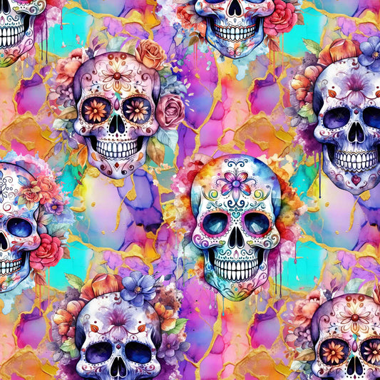 Sorbet Skulls pattern. vibrant sugar skulls and flowers on a bright rainbow marbled background with hues of pink, purple, mint and gold. 