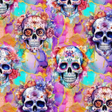 Sorbet Skulls pattern. vibrant sugar skulls and flowers on a bright rainbow marbled background with hues of pink, purple, mint and gold. 