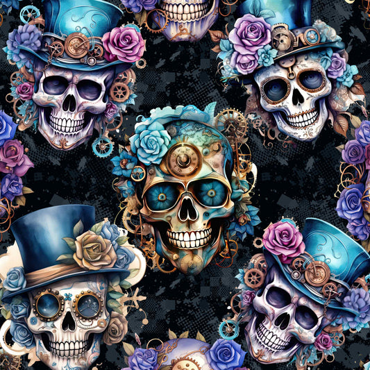 pattern featuring a steampunk skull design with colorful skulls adorned with top hats and roses, set against a black background.
