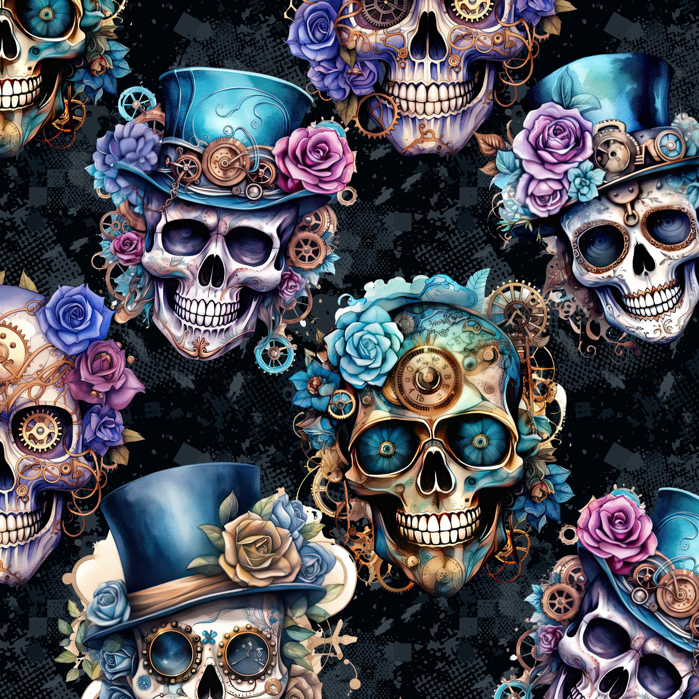 Steampunk souls pattern featuring steampunk skulls wearing flowers and top hats. Shades of pink, purple and turquoise on a distressed black background