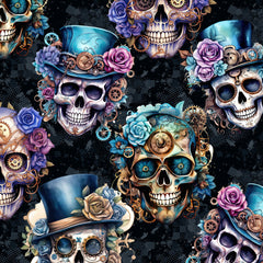 Steampunk souls pattern featuring steampunk skulls wearing flowers and top hats. Shades of pink, purple and turquoise on a distressed black background