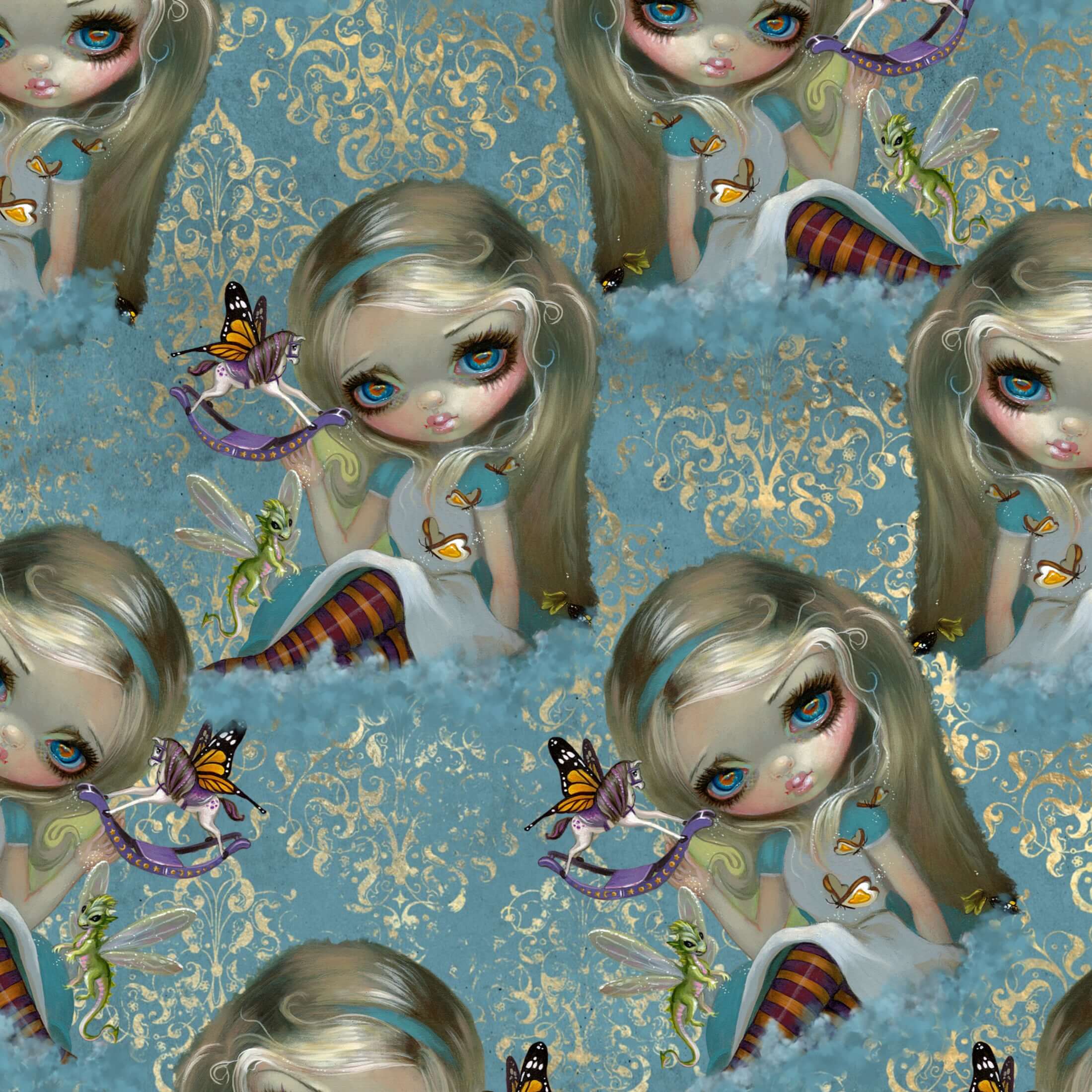 Illustration of a fairy with blue eyes and blonde hair on a blue background with gold patterns.