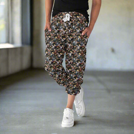 image of lady wearing capri jogger pants with horror bunnies