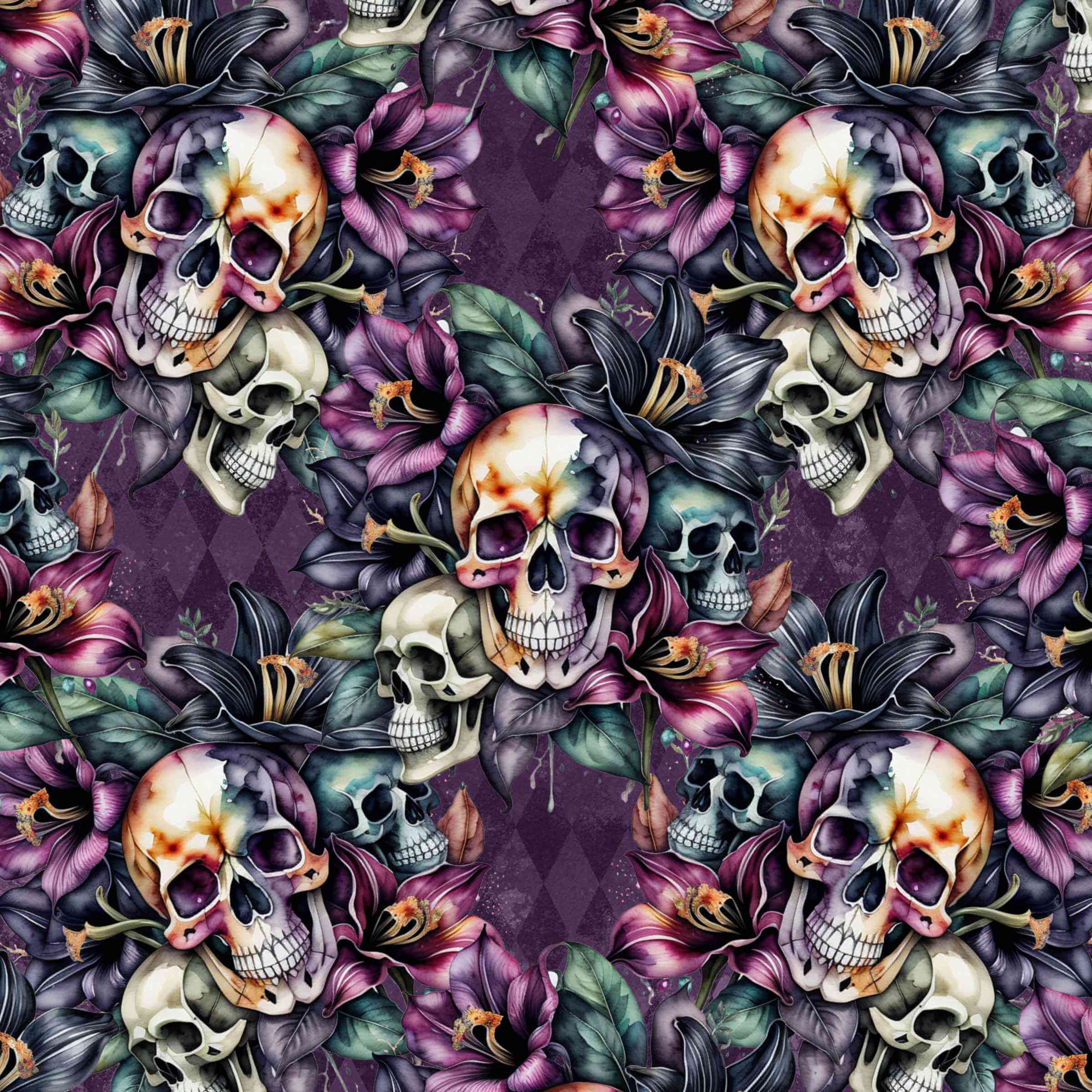 Pattern of colorful skulls and flowers on a purple background