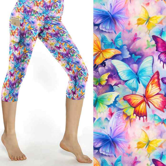 The Butterfly Effect Capri Leggings With Pockets by Nikki Whoops Boutique, shown with a close-up of the print.