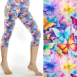 The Butterfly Effect Capri Leggings With Pockets by Nikki Whoops Boutique, shown with a close-up of the print.