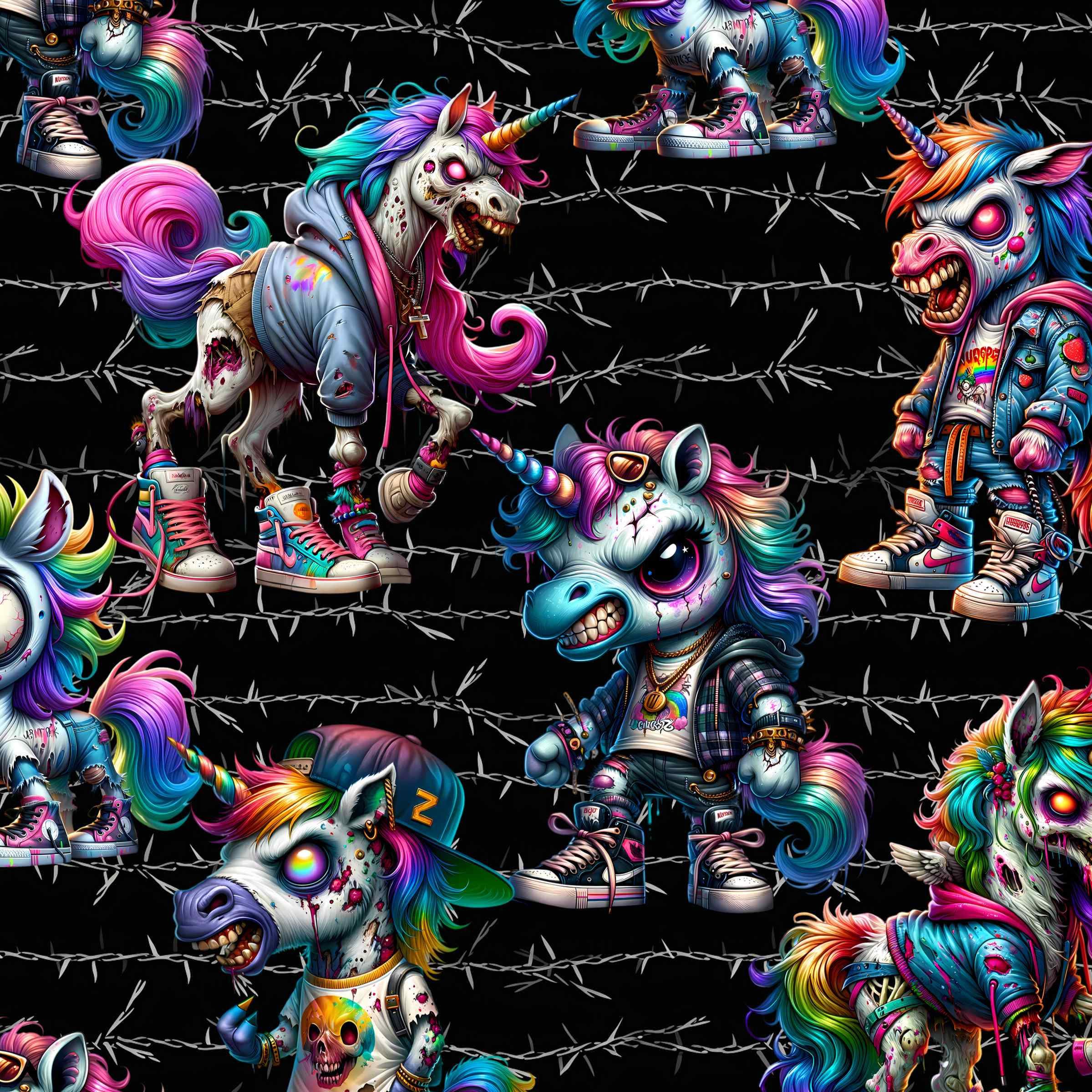 Pattern of Undead Unicorns leggings. Zombie unicorns with a rainbow mane and horn, dressed in hip hop clothing. Black background with barbed wire.