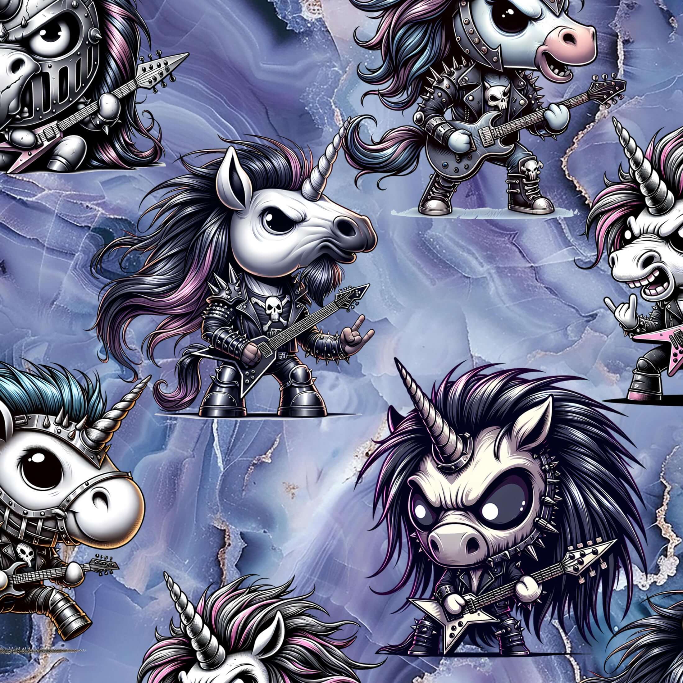Pattern of unicorn characters with gothic styling on a blue marble background