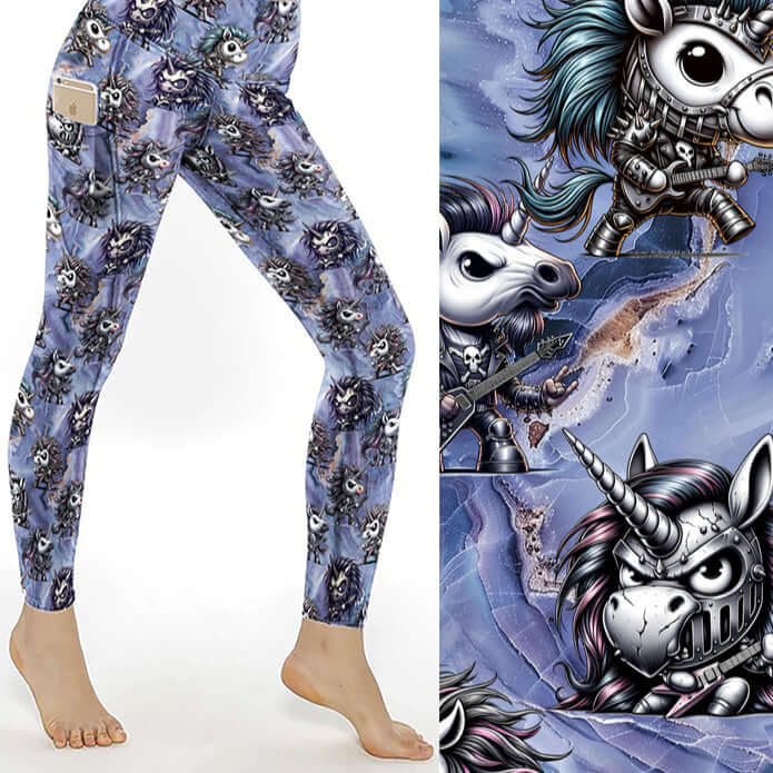 Leggings with unicorn and dragon design on a white background