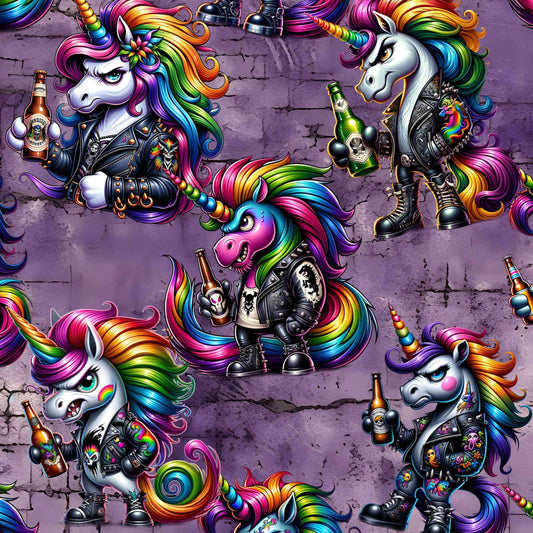 pattern of Full-length jogger pants with a bold print featuring punk-style unicorns with rainbow manes, leather jackets, studs and beer bottles. The background is a grungy purple brick wall for added edge.