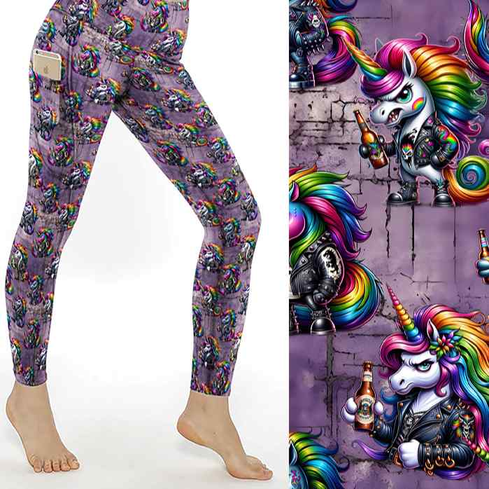 leggings with angry goth unicorns, drinking beer and wearing punk rock leather jackets, with rainbow mane, horn and tail.