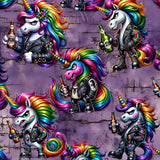 Seamless pattern punk unicorns with rainbow hair on a purple grunge background capri leggings