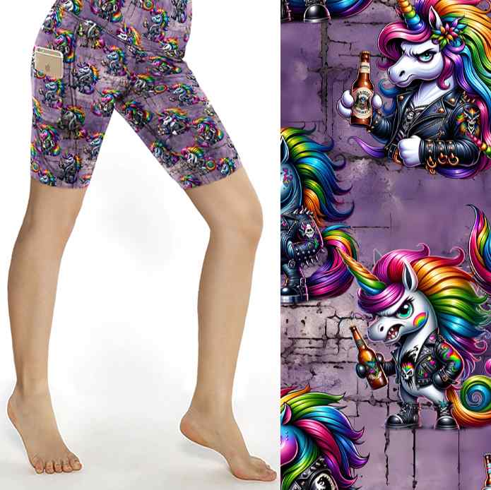 shorts with angry goth unicorns, drinking beer and wearing punk rock leather jackets, with rainbow mane, horn and tail