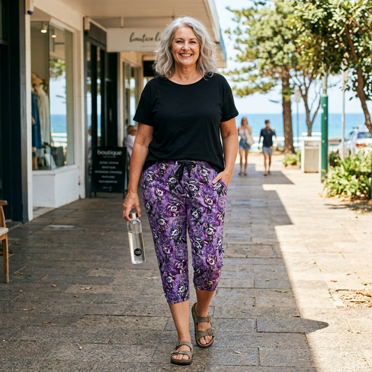 lady waring unicorn jogger pants walking down a street