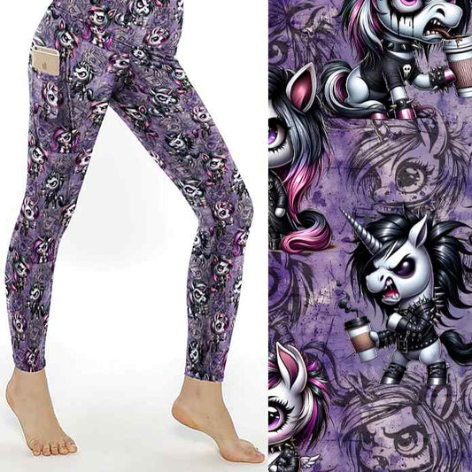 Leggings with a punk unicorn design on a purple background; close-up on the right showing edgy style details.