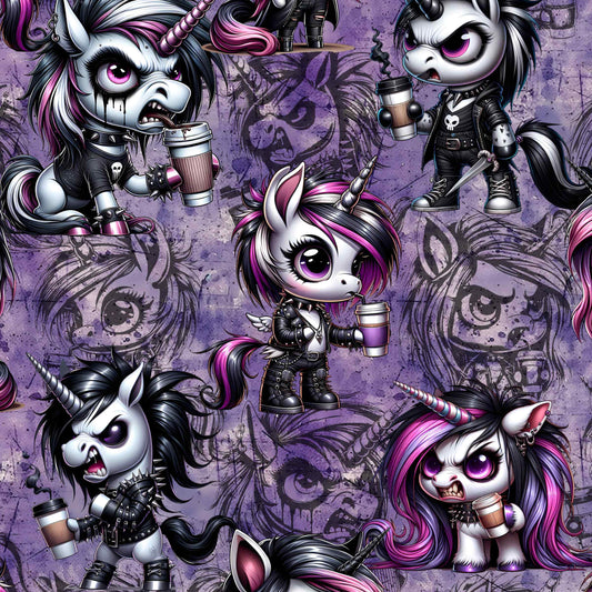 Pattern of edgy unicorns with punk attire, holding coffee, on a purple background with sketched unicorn faces.