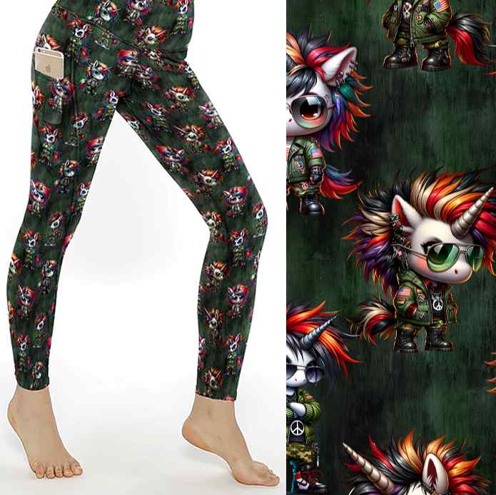 Urban Unicorns leggings featuring streetpunk unicorns with bright orange, black and red mohawk manes. Wearing army fatigues with badges, boots and aviator sunglasses. orange, black and red mohawk tails. Dark khaki green background.