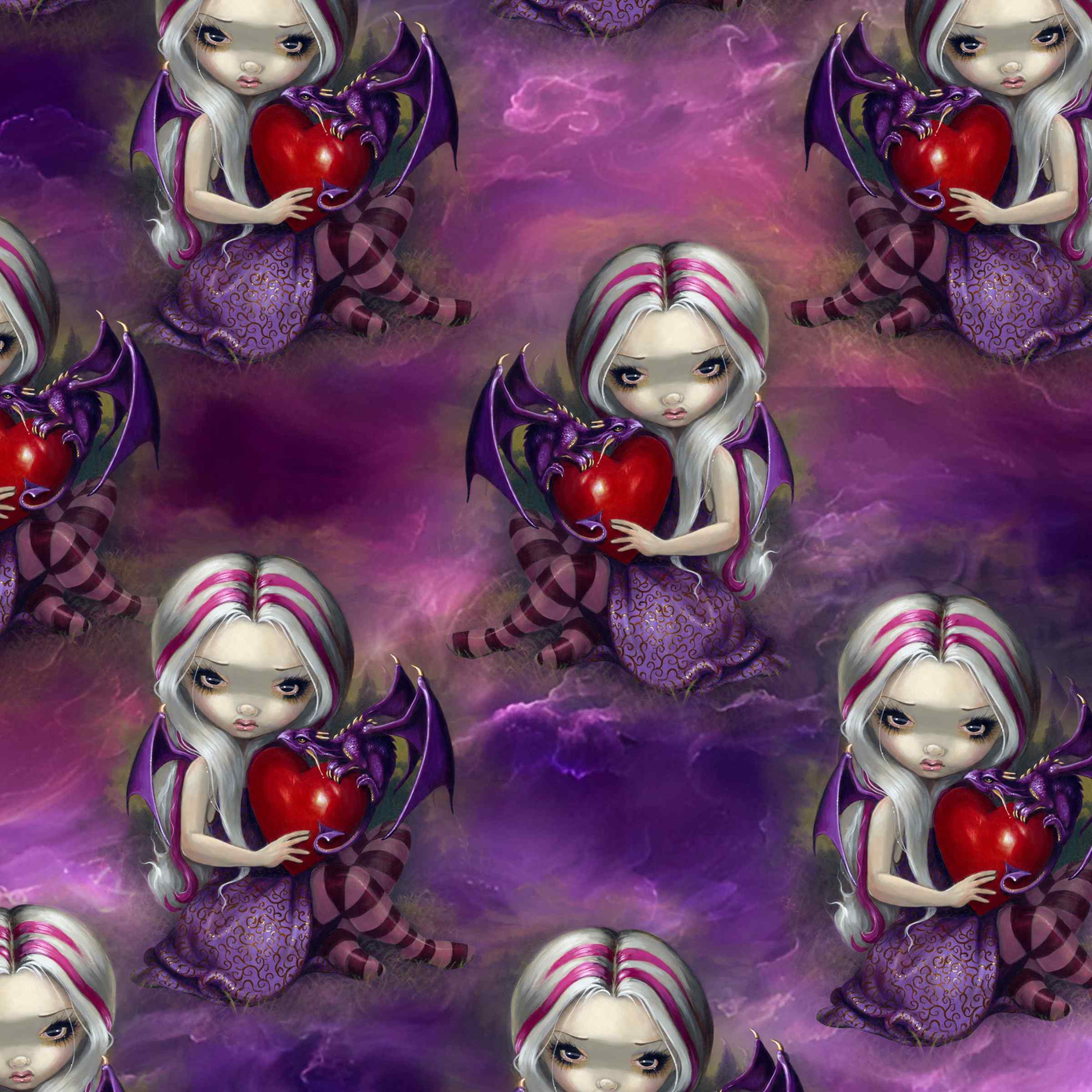 Cropped close-up of the Valentine Dragonling Strangelings gothic doll and baby dragon print pattern.