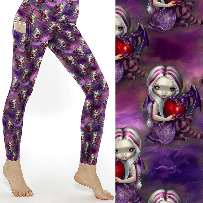 Valentine Dragonling Strangelings Leggings With Pockets featuring a gothic fantasy doll holding a red heart with a baby dragon on purple full-length buttery-soft leggings with side pockets.