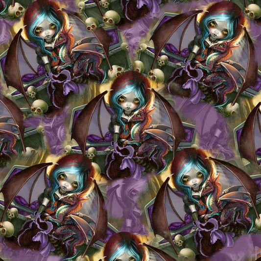 featuring a detailed, whimsical dark fantasy design with a creature resembling a dragonling, in a pattern of deep shades of blue, purple, and black against a shadowy background.