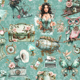 Cropped close-up of the Victorian Voyage steampunk suitcase, pocket watch and rose print pattern.