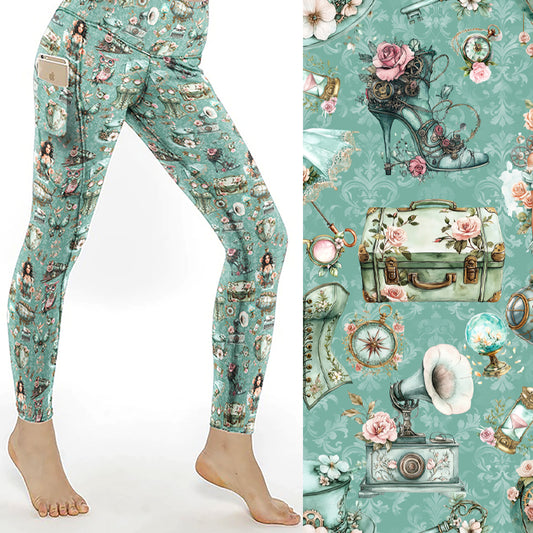 Victorian Voyage Steampunk Leggings With Pockets featuring vintage steampunk suitcases, pocket watches, gramophones, roses and antique accessories on mint green full-length leggings with side pockets.