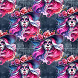 pattern of Viva La Vida - Day of the Dead Leggings brightly coloured witches by Nikki Whoops Boutique.