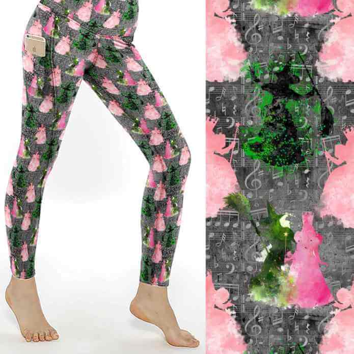 ladies leggings with Wicked the movie print by Nikki Whoops Boutique.