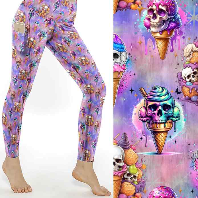 leggings with skulls in ice cream cones on a pastel pink and purple background