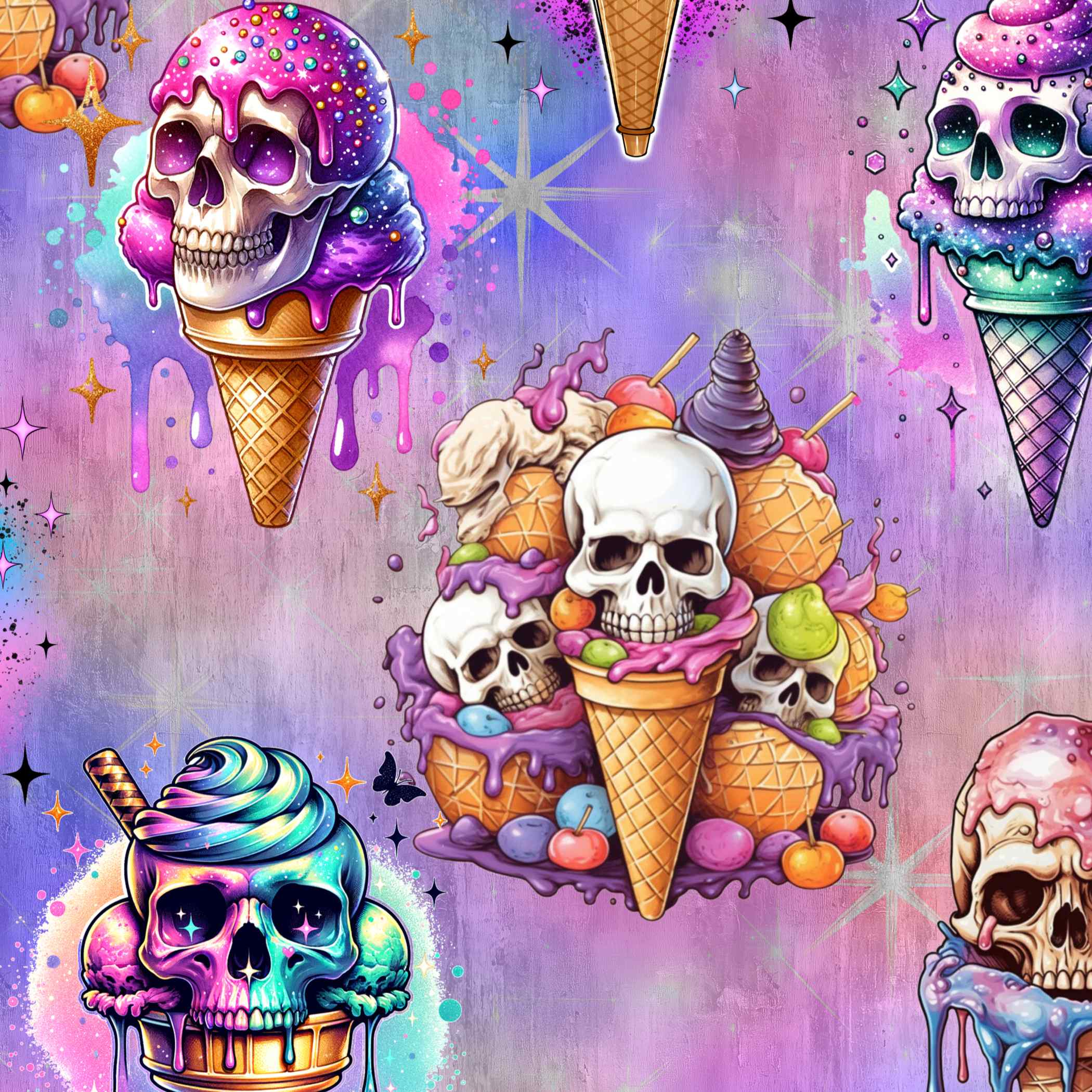 seamless pattern of skulls in ice cream cones on a pastel pink and purple background