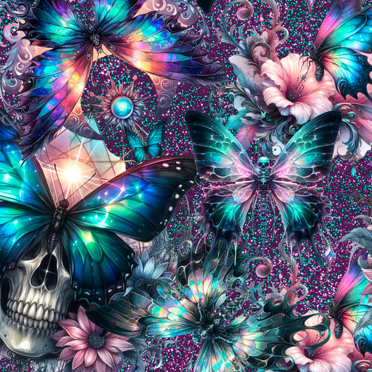 Colorful abstract design with butterflies, flowers, and a skull on a pink glittery background.