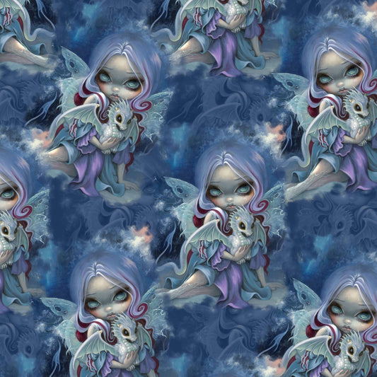 pattern of Wintry Dragonling Strangelings Leggings featuring an ethereal gothic-eyed fairy holding a baby dragon, set against a magical winter night sky in deep blues and lilac by Nikki Whoops Boutique.