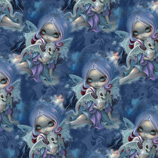 pattern of Wintry Dragonling Strangelings Leggings featuring an ethereal gothic-eyed fairy holding a baby dragon, set against a magical winter night sky in deep blues and lilac.