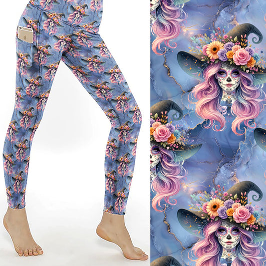 Leggings featuring Day of the Dead witch with pink hair, floral crown, and blue magical background